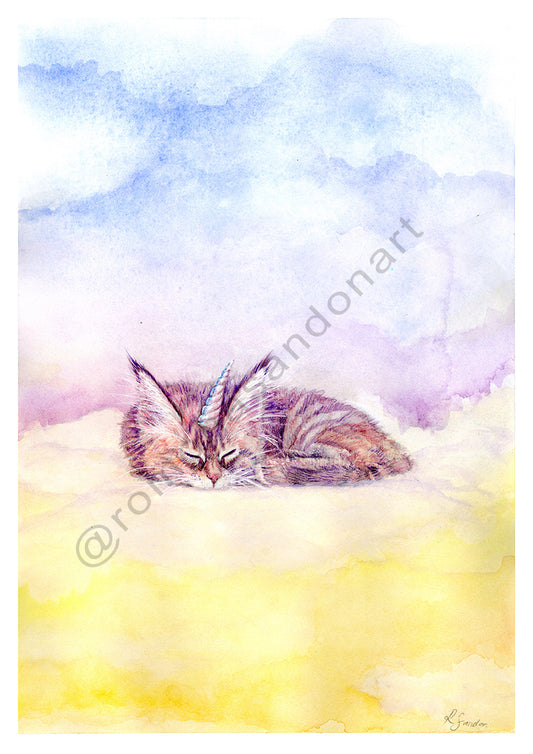 Max's Sleepy Caticorn art print cat yellow purple blue iridescent Australian art by Romona Sandon Art & Design