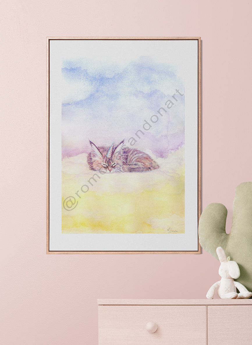 Max's Sleepy Caticorn art print cat yellow purple blue iridescent Australian art by Romona Sandon Art & Design