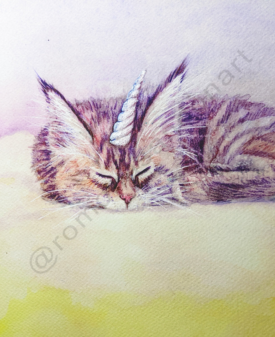 Max's Sleepy Caticorn art print cat yellow purple blue iridescent Australian art by Romona Sandon Art & Design