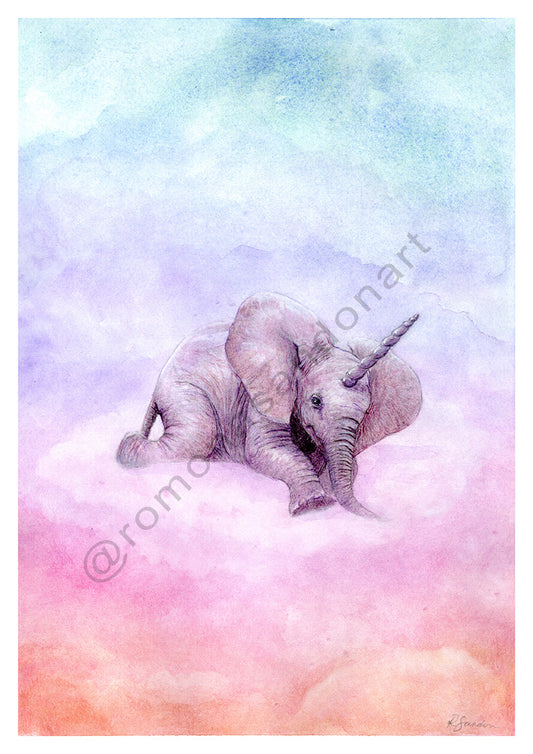 Moo's Little Elecorn art print elephant unicorn orange pink purple blue iridescent Australian art by Romona Sandon Art & Design