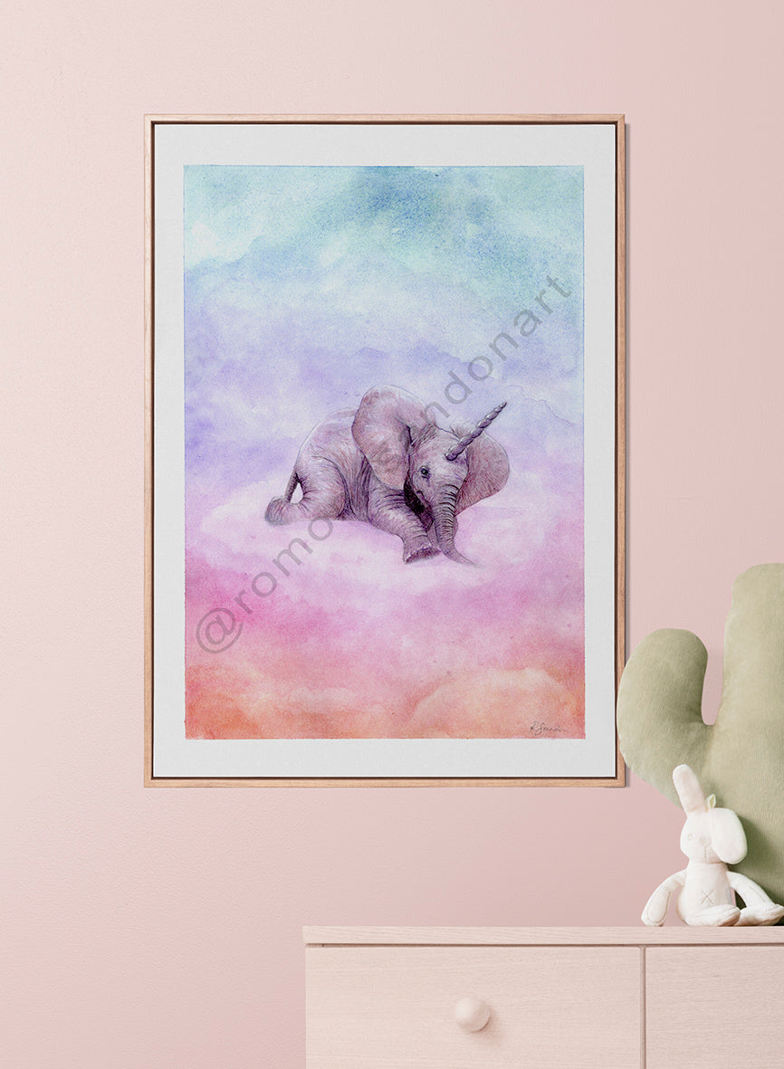 Moo's Little Elecorn art print elephant unicorn orange pink purple blue iridescent Australian art by Romona Sandon Art & Design