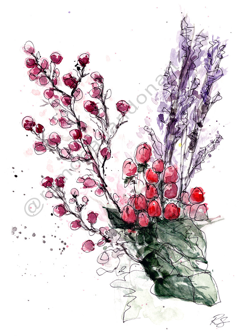 Hypericum floral art print red and purple Australian art by Romona Sandon Art & Design