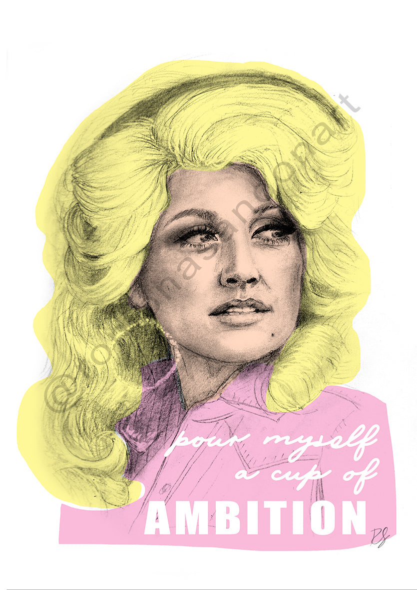 Pop Dolly art print yellow and pink Dolly Parton quote ambition Australian art by Romona Sandon Art & Design