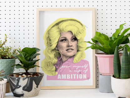 Pop Dolly art print yellow and pink Dolly Parton quote ambition Australian art by Romona Sandon Art & Design