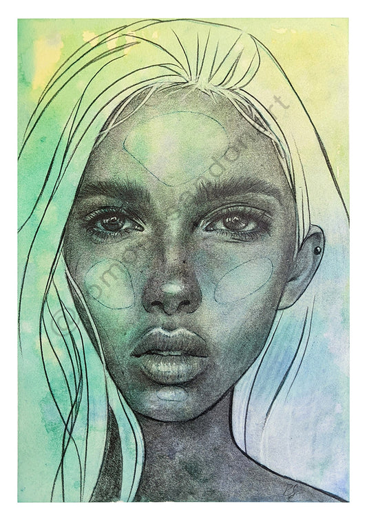 Shapes art print portrait yellow green woman Australian Art by Romona Sandon Art & Design